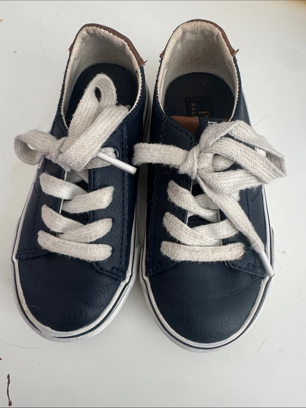 Polo by Ralph Lauren Navy Leather Kids Sneakers with Cream Laces